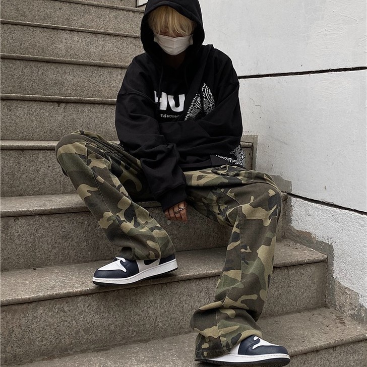 韩国ins复古高街迷彩高腰大口袋工装裤宽松...