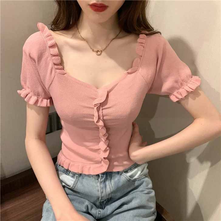 2021年新款法式V领露锁骨短袖针织衫修身...