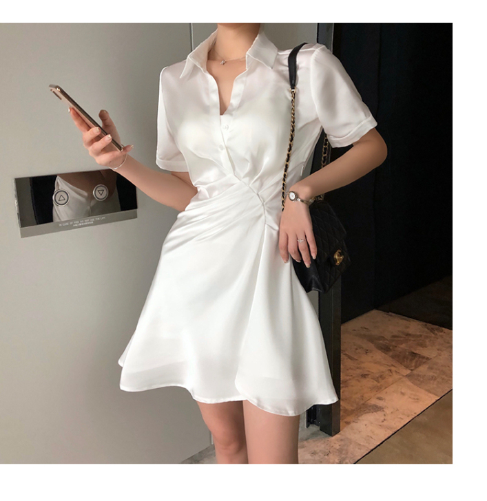 ByYou夏季收腰奶油白色连衣裙显瘦缎面雪...