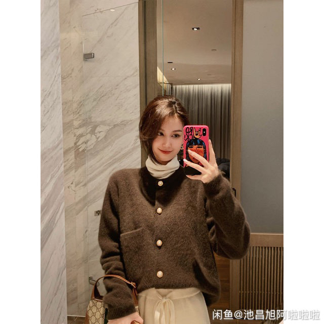 夫人钱 雪梨定制 短款浣熊毛显瘦针织开衫女...