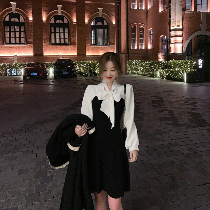 ByYou 秋冬蝴蝶结假两件拼接黑色内搭针...