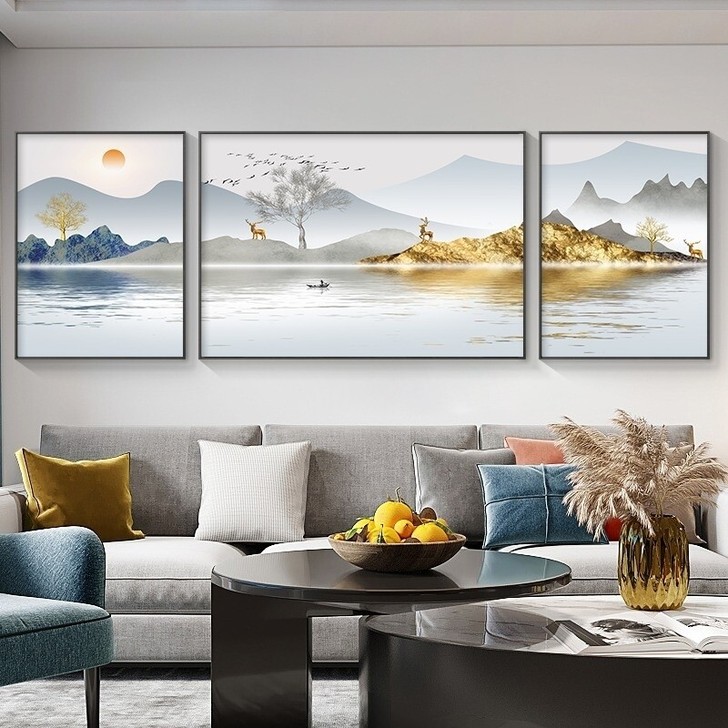 新中式三联画沙发背景墙挂画晶瓷画晶瓷画轻奢...