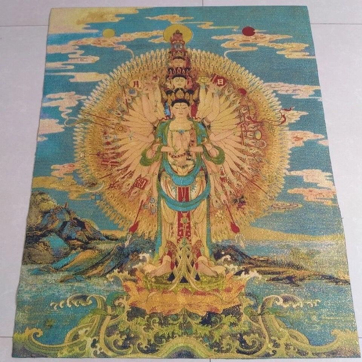 高品唐卡,宗教刺绣画 千手观音,丝绸刺绣织...