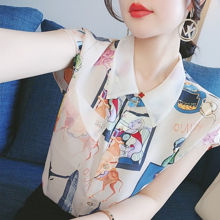 2021夏季新款短袖娃娃领印花雪纺衫女上衣...