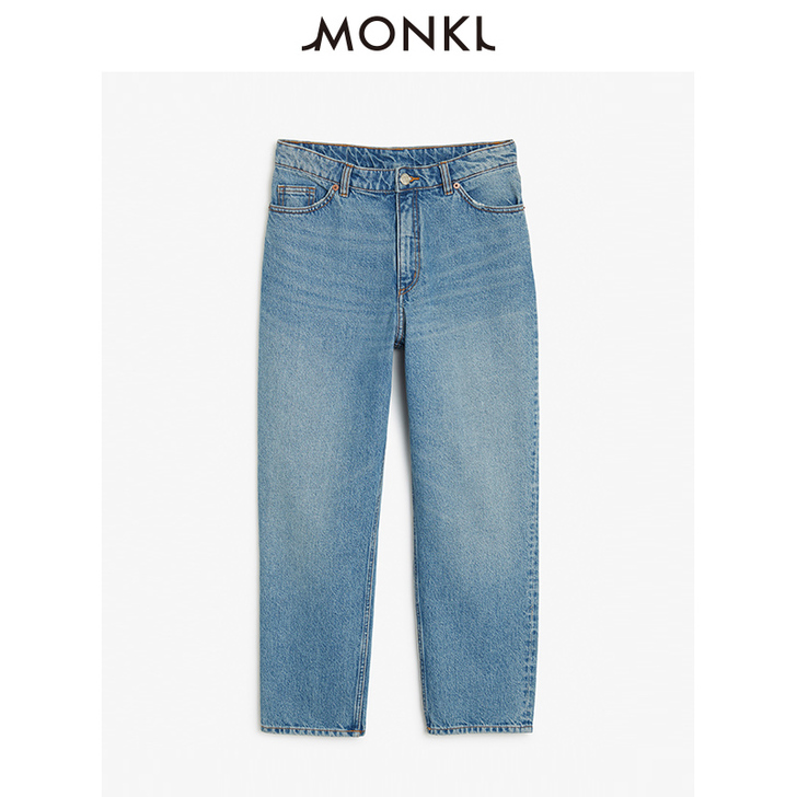 MONKI 春夏浅蓝色复古高腰宽松版型收脚...