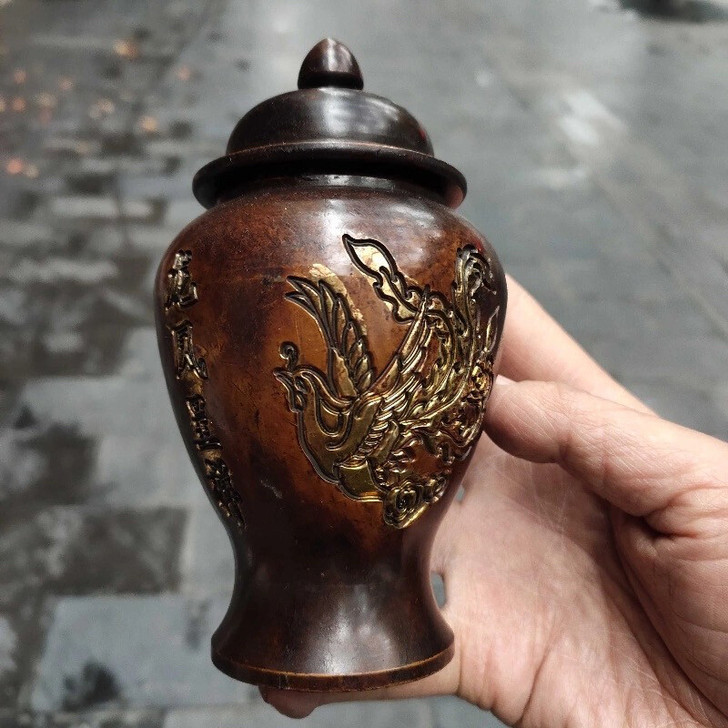 古玩铜器鎏金将军罐龙凤呈祥储物罐茶叶罐家居...