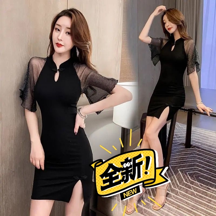 【清仓处理】荷叶袖旗袍中国风复古气质连衣裙...