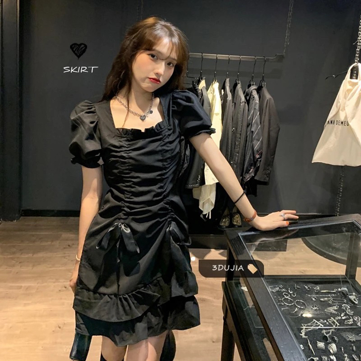 夏季小个子复古法式黑色连衣裙收腰显瘦韩版短...