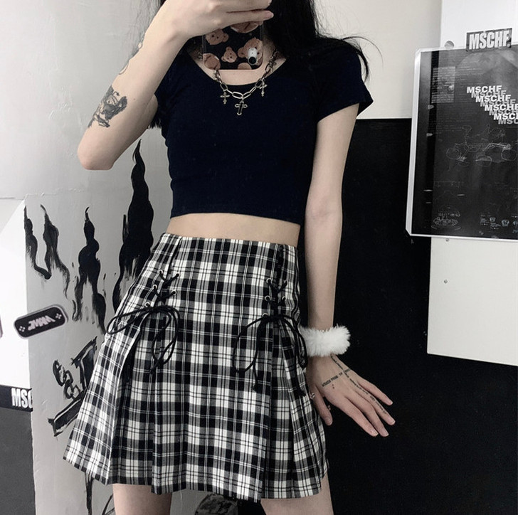 黑白格短裙女半身裙设计感小众交叉绑带包臀裙...