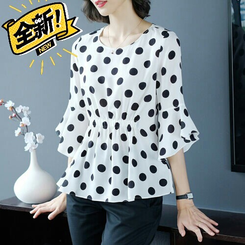 雪纺衫波点女中袖2021夏季新款荷叶边收腰...
