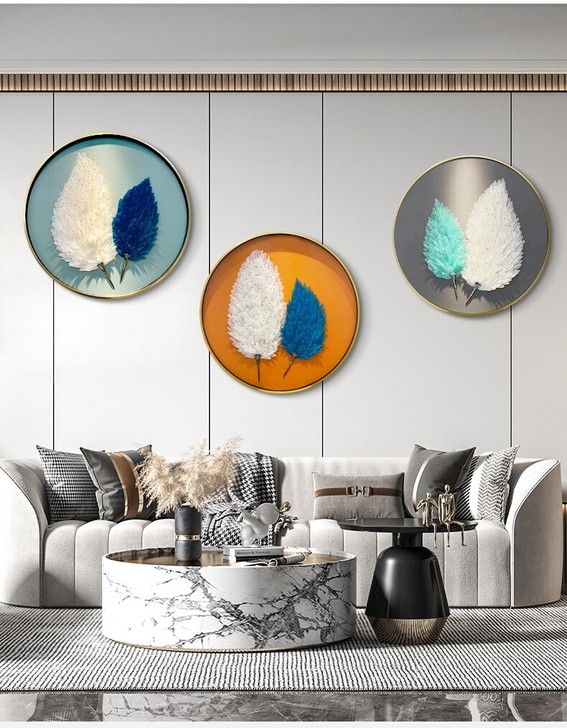 立体真羽毛，圆形玄关装饰画轻奢手工立体羽毛...