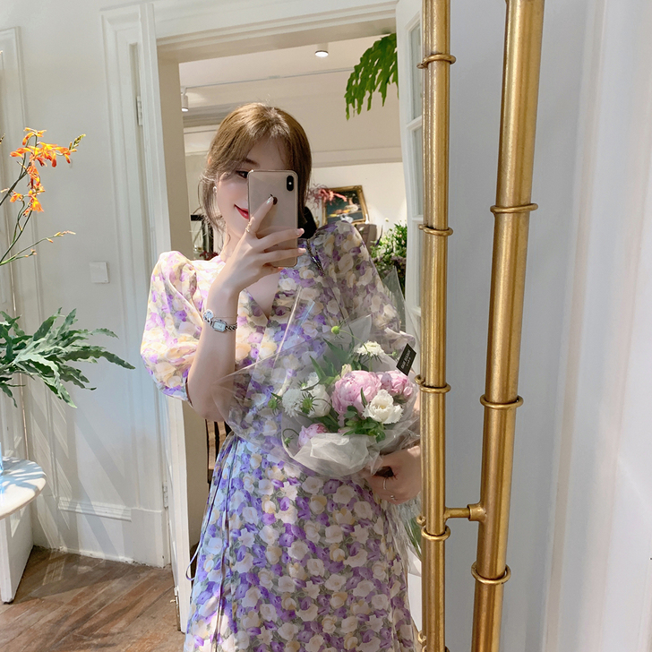 ByYou 夏季仙气泡泡袖碎花连衣裙女新款...