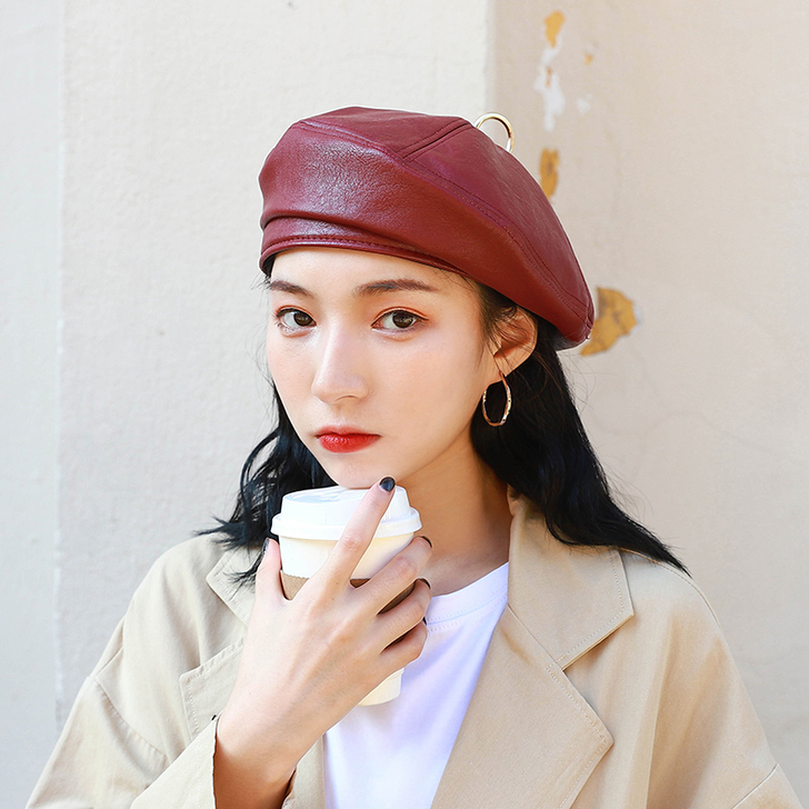 网红复古pu皮质贝雷帽女秋冬韩版金属圆环时...