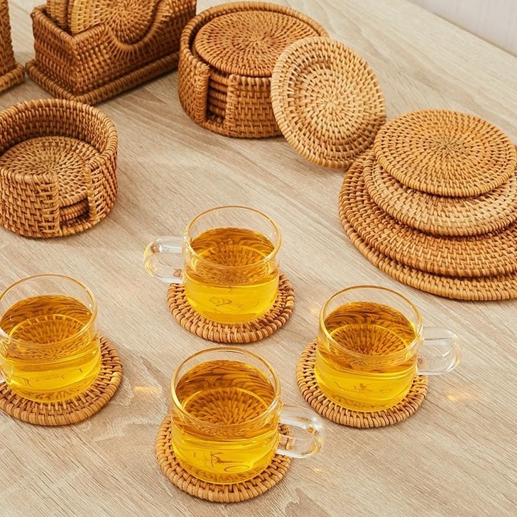 秋藤编杯垫越南编织茶垫茶道杯托隔热垫功夫茶...