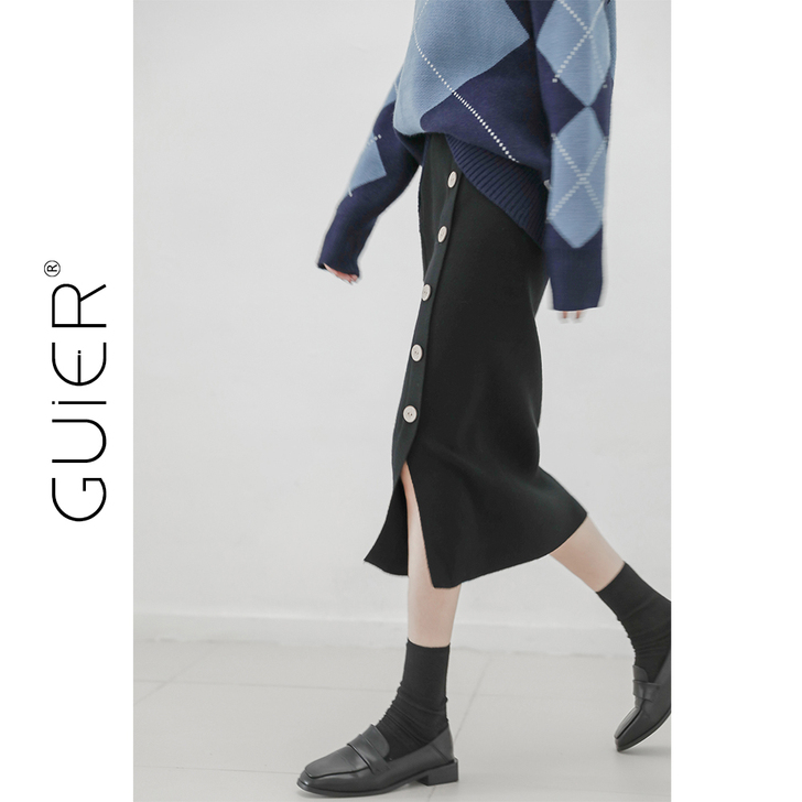 全新 港味针织半身裙款纽扣开叉针织铅笔裙#...