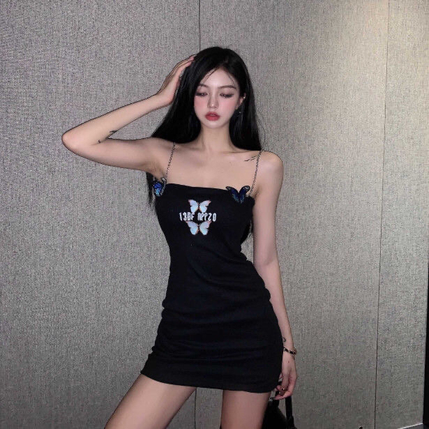 港风黑色蝴蝶印花吊带连衣裙  包臀收腰蹦迪...