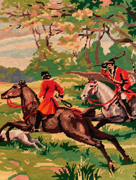 vintage西洋骑马狩猎图绒绣挂画刺绣画...