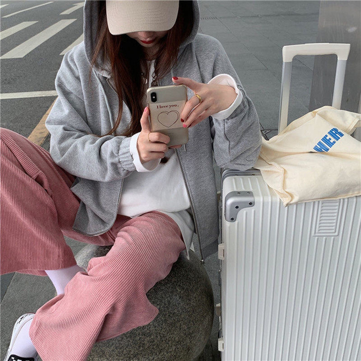 白水女 灯芯绒休闲裤女春秋新款宽松高腰粉色...