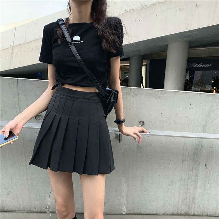 秋夏港风黑色a字高腰百褶裙女 韩版学生ch...