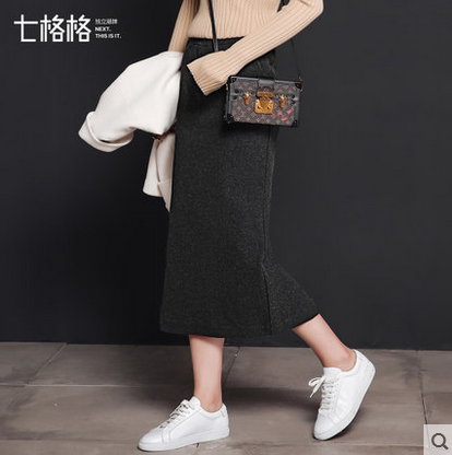 全新七格格春秋秋装新款 后开衩高腰铅笔裙纯...