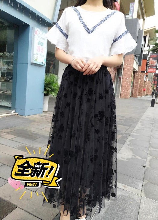 小碎花网纱裙2021春夏中长款纱裙百搭高腰...