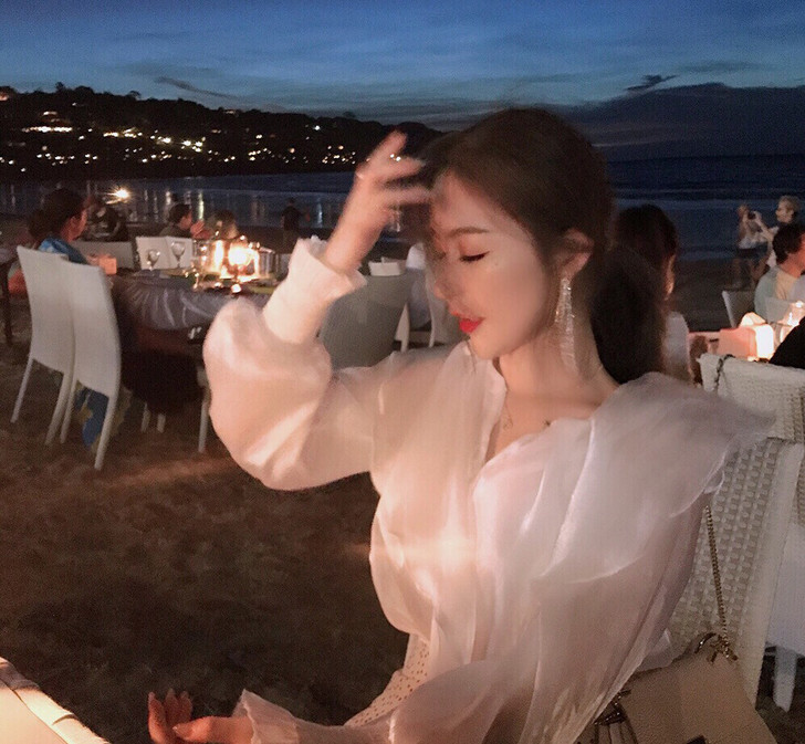 ByYou 灯笼袖荷叶边白色衬衫女网纱雪纺...