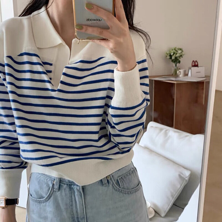 韩风chic设计感小众泡泡袖套头条纹针织衫...