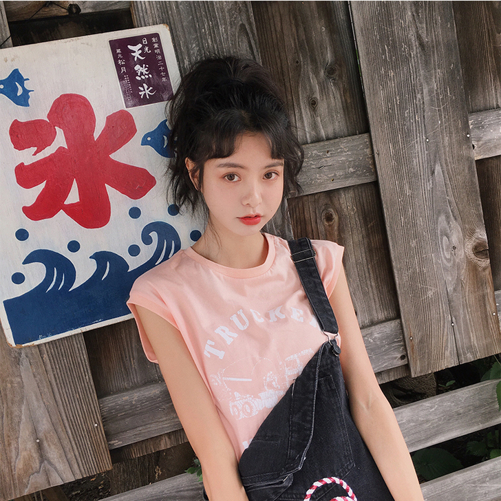 范智乔 无袖粉色印花t恤女夏2018新款衣...