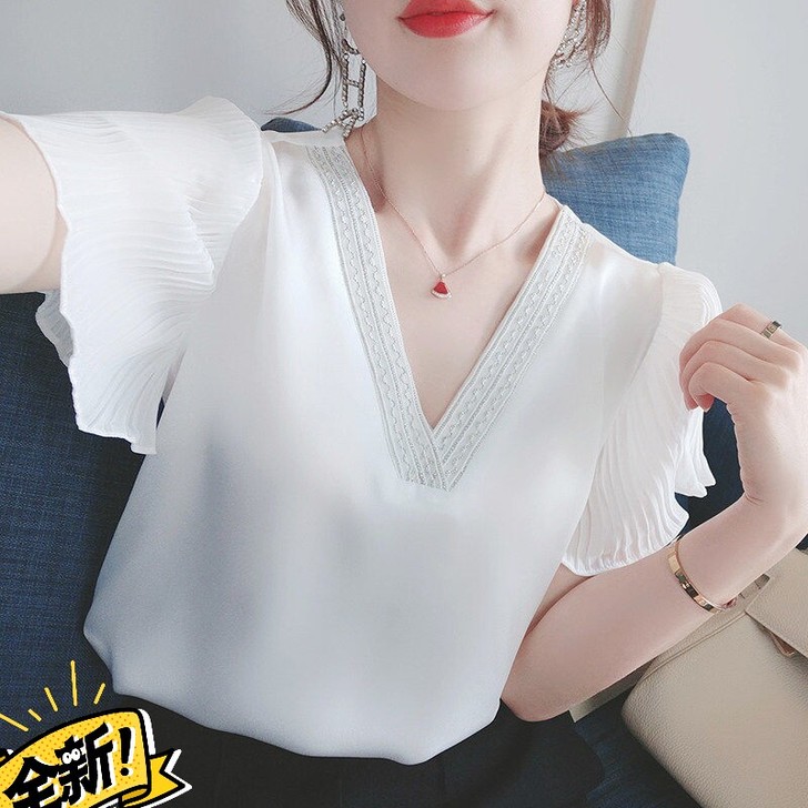 全新雪纺衫女2021夏季新款白色短袖宽松百...