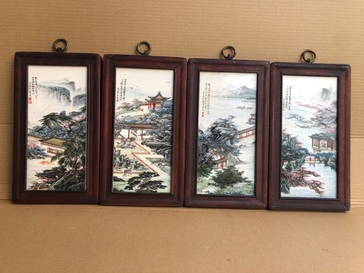 红木镶瓷板画亭台楼阁四条挂屏红木镶瓷板画楼...