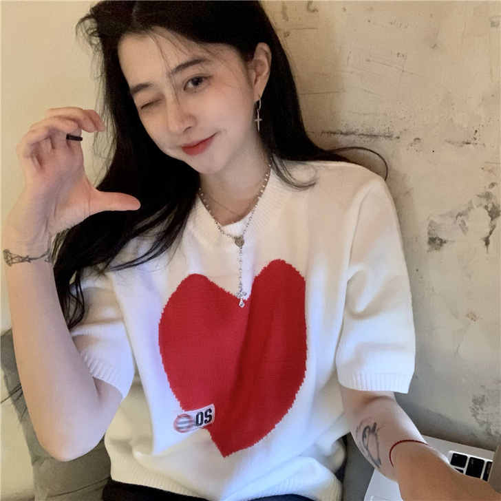 针织衫女爱心宽松韩版白色短袖毛衣上衣202...