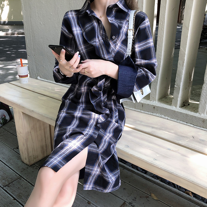 ByYou 春季新款修身收腰复古格子连衣裙...