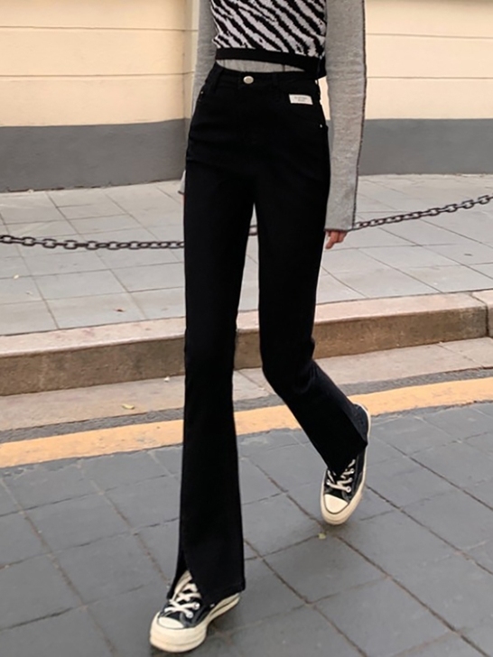 开叉牛仔裤女春秋2021新款小个子高腰显瘦...