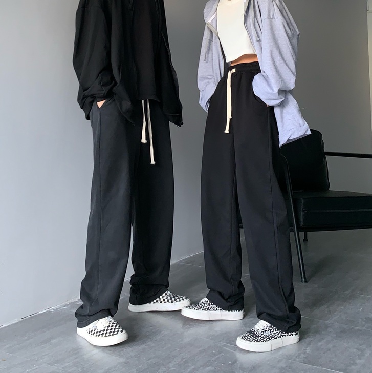 ins高街复古堆脚抽绳ro裤运动高腰卫裤垂...