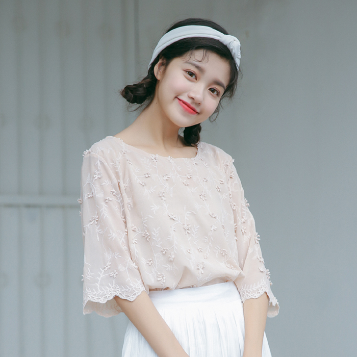 夏装新款小清新甜美宽松百搭短袖学生雪纺衫女...