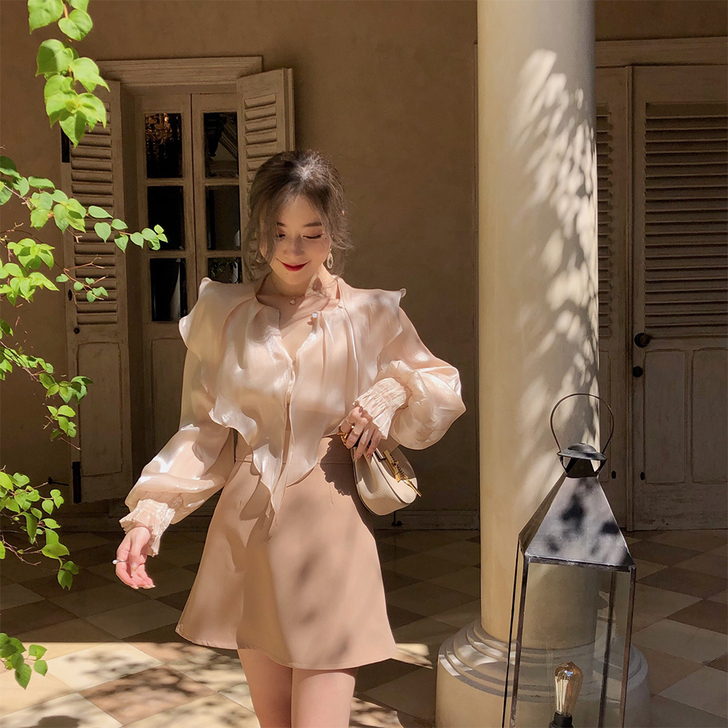 ByYou 灯笼袖荷叶边白色衬衫女网纱雪纺...