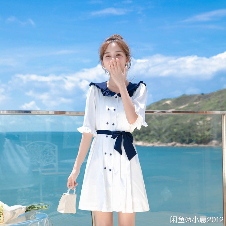夏季沙滩裙白色仙女裙气质日系温柔风水手服海...