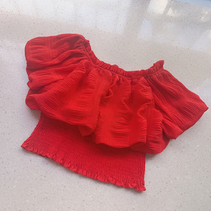 包邮 三亚海边度假拍照露背一字肩短上衣木耳...