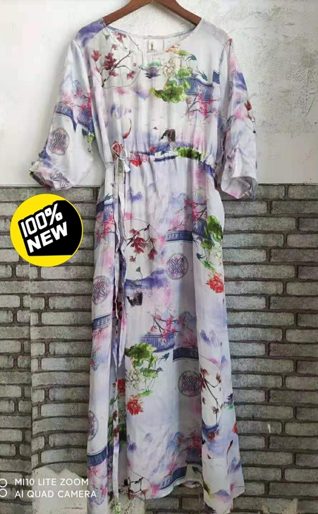 全新 苎麻印花复古连衣裙