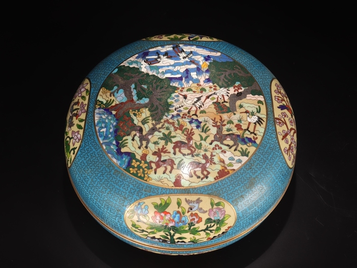 海外回流-铜胎景泰蓝开窗「鹤鹿同春」捧盒