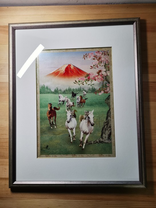 日本铜板画雕刻画挂画装饰画，开运开花九马行...