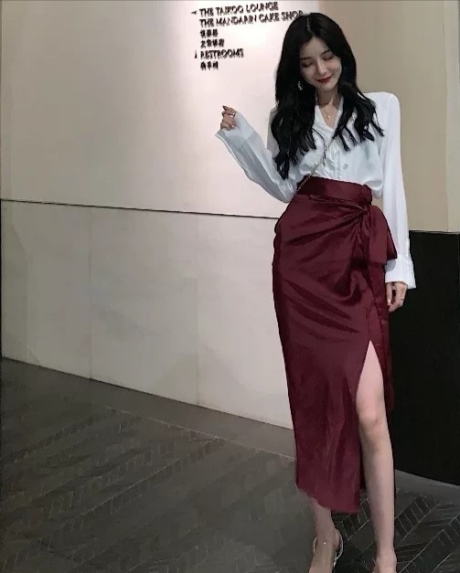 夏季新款高腰光泽感缎面半身裙女韩版中长款系...