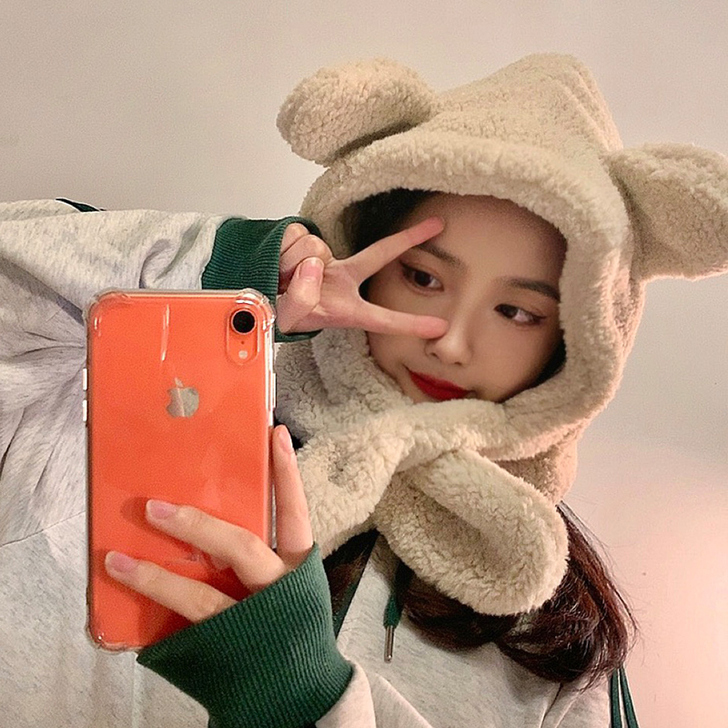 小熊耳朵围巾帽子一体女秋冬季韩版潮百搭日系...