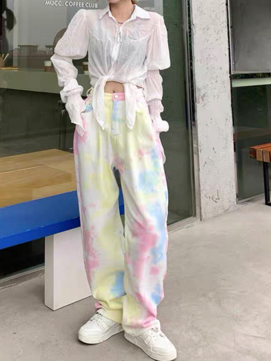 迷彩阔腿牛仔裤