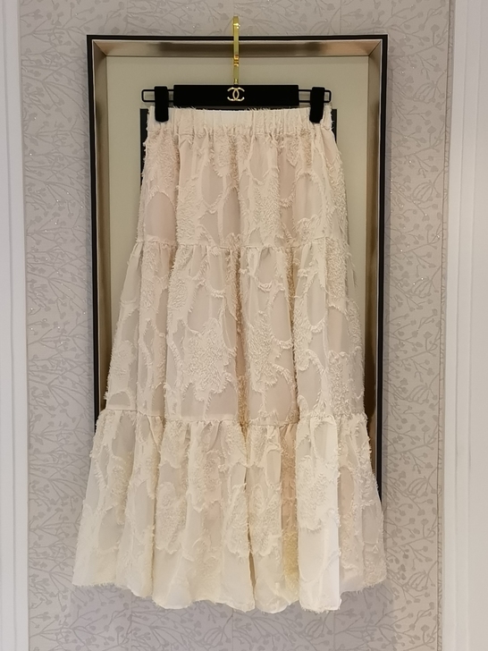 植绒松紧腰A字刺绣法式中长款雪纺半裙蛋糕裙...