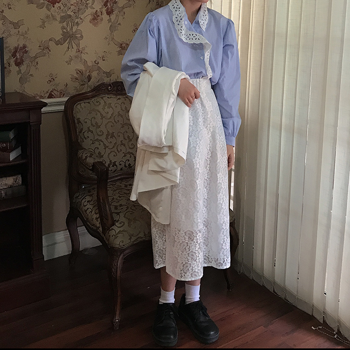 MEREGU 白色蕾丝裙女春学生复古港风c...