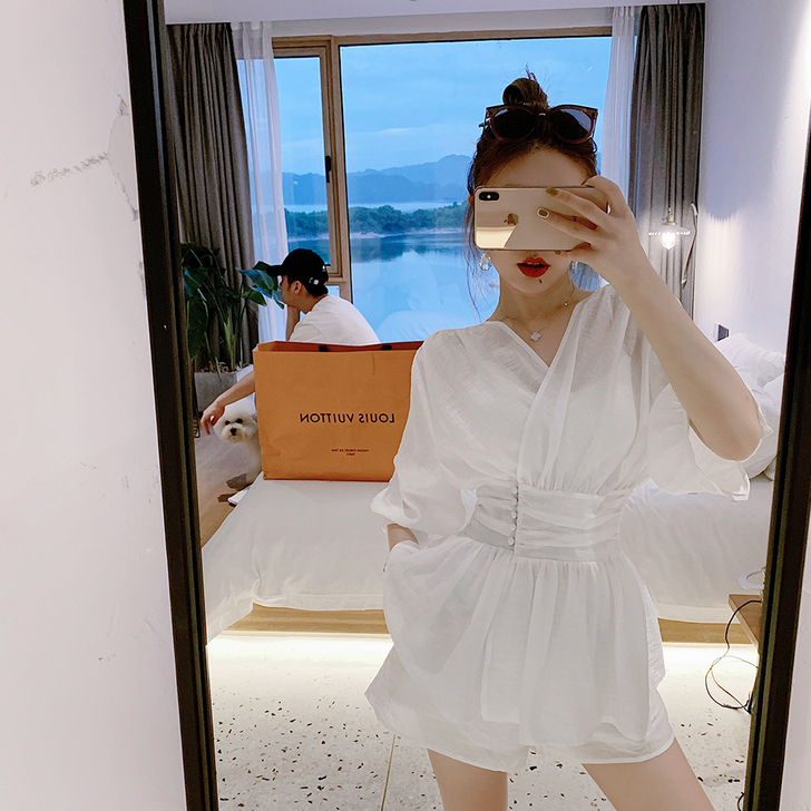 ByYou 白色衬衫休闲套装女夏洋气收腰阔...