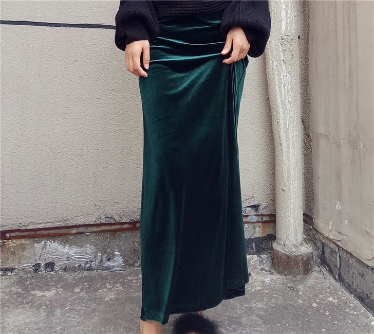 复古金丝绒高腰半身裙 秋冬超长款到脚踝群子...