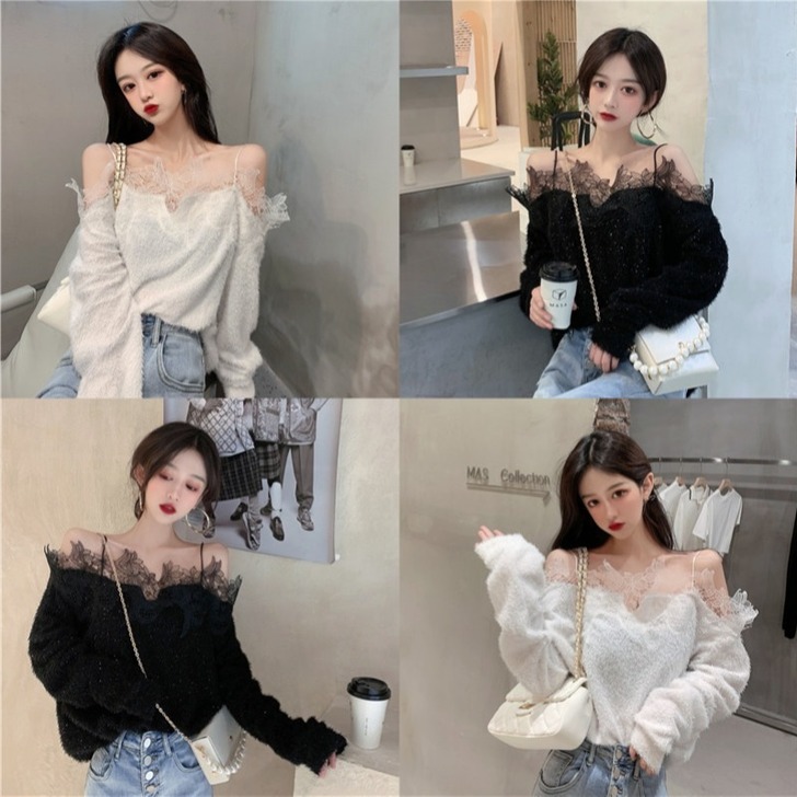 法式性感露肩长袖针织衫女装2021年新款一...