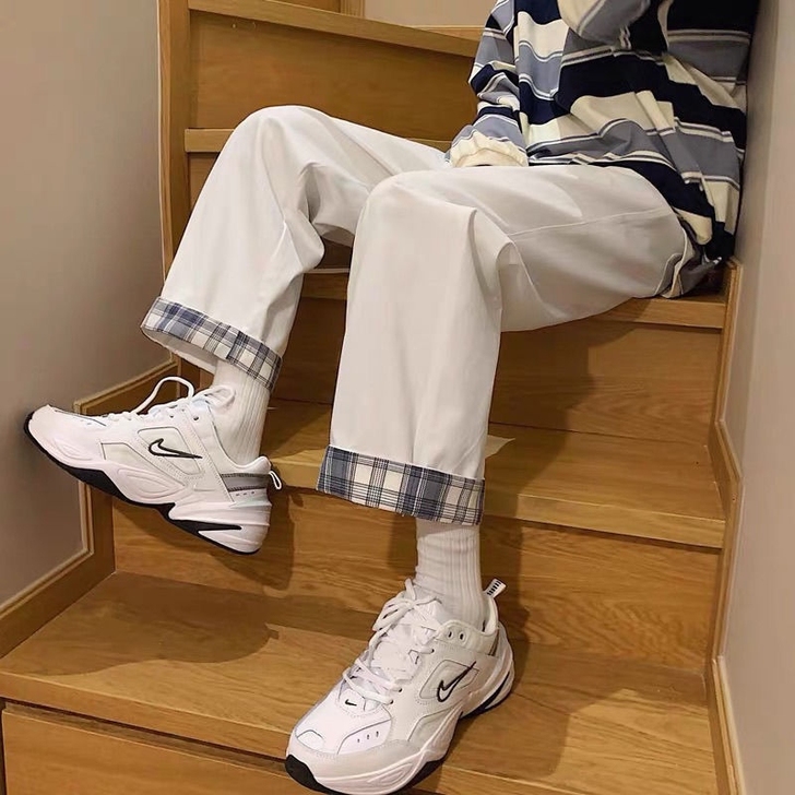 工装休闲裤运动裤男青年阔腿直筒格子翻边高街...